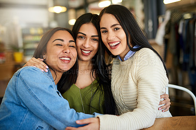 Buy stock photo Portrait of a group of young friends hanging out in a cafe