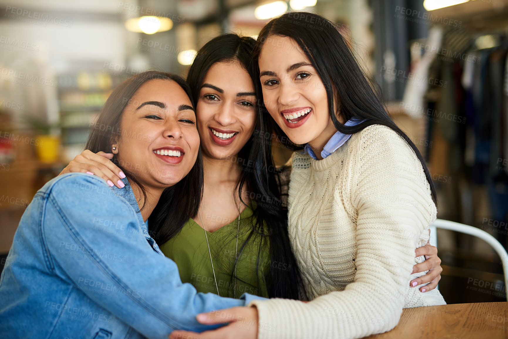 Buy stock photo Portrait of a group of young friends hanging out in a cafe