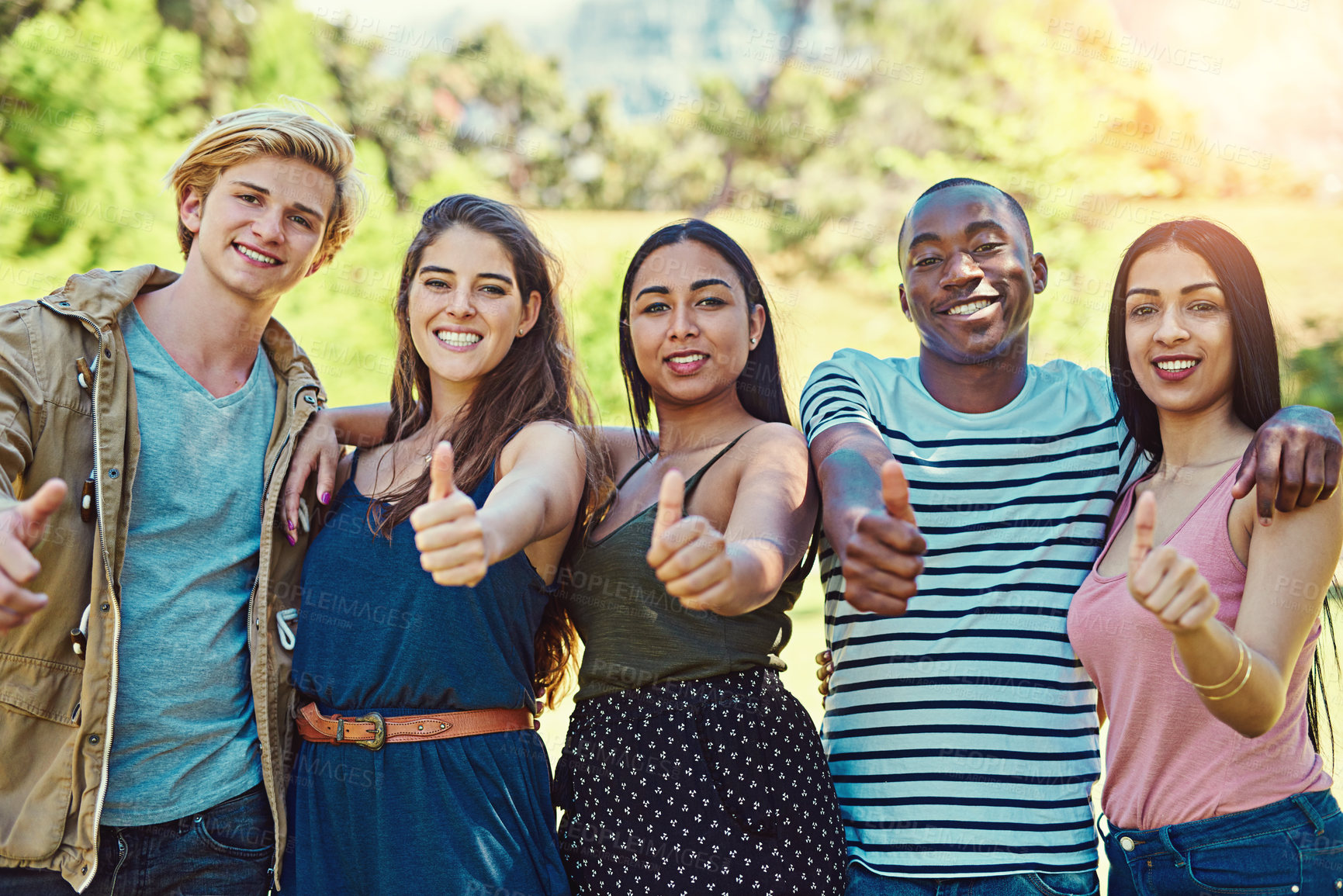 Buy stock photo Portrait of a group of young friends showing thumbs up while hanging out together at the park