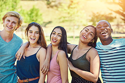 Buy stock photo Diversity, happy and friends in portrait in park for hanging out, chilling and bonding together. People, men or women with smile outdoor in vacation, holiday and adventure in nature with hug in Spain