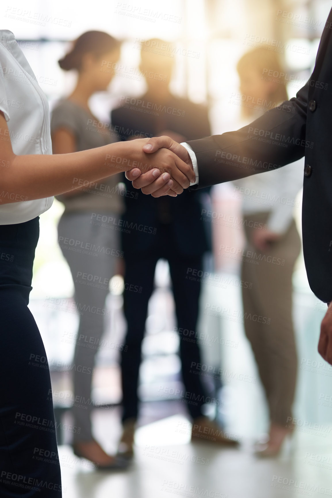 Buy stock photo Bussiness people, shaking hands and partnership deal at meeting for networking, b2b and success. Professional man and woman together for handshake, corporate partner and introduction or agreement