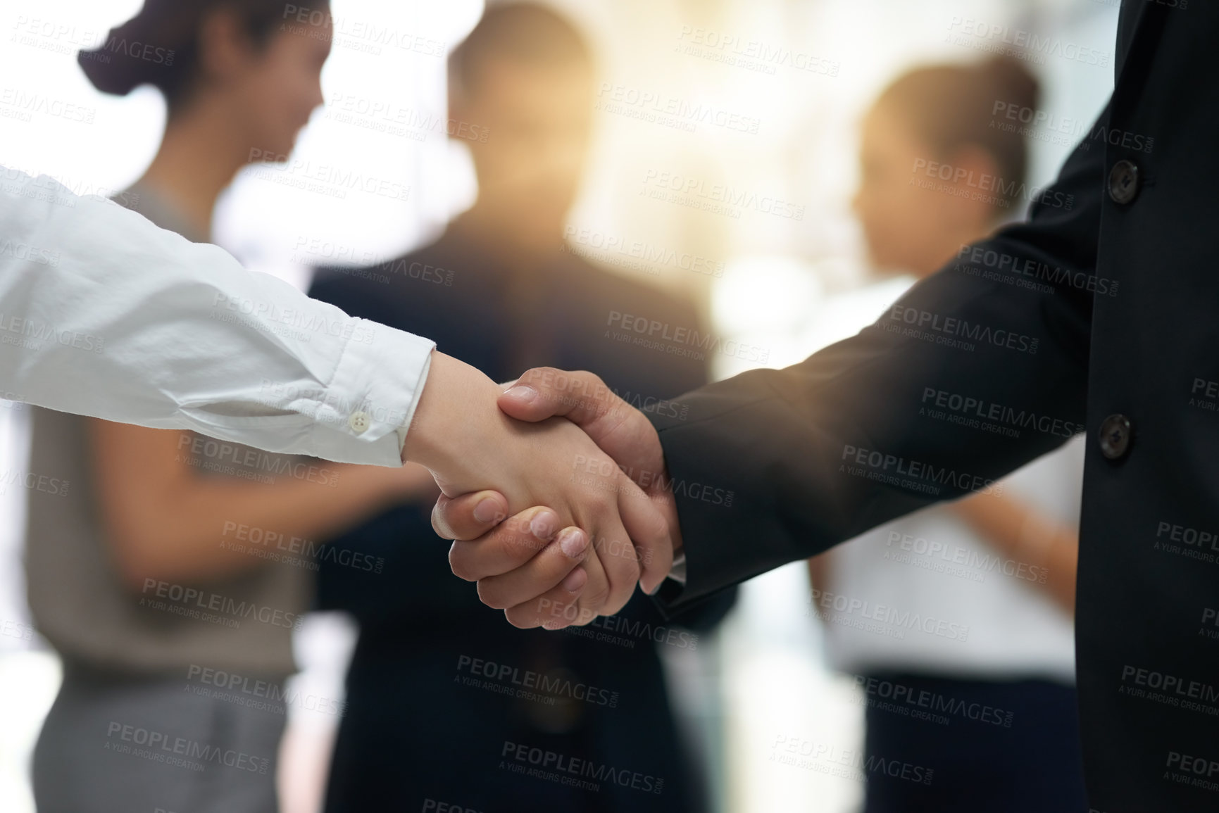 Buy stock photo Handshake, business people and partnership deal at meeting for networking, b2b and success. Professional man and woman shaking hands as corporate partner for introduction, contract agreement or trust