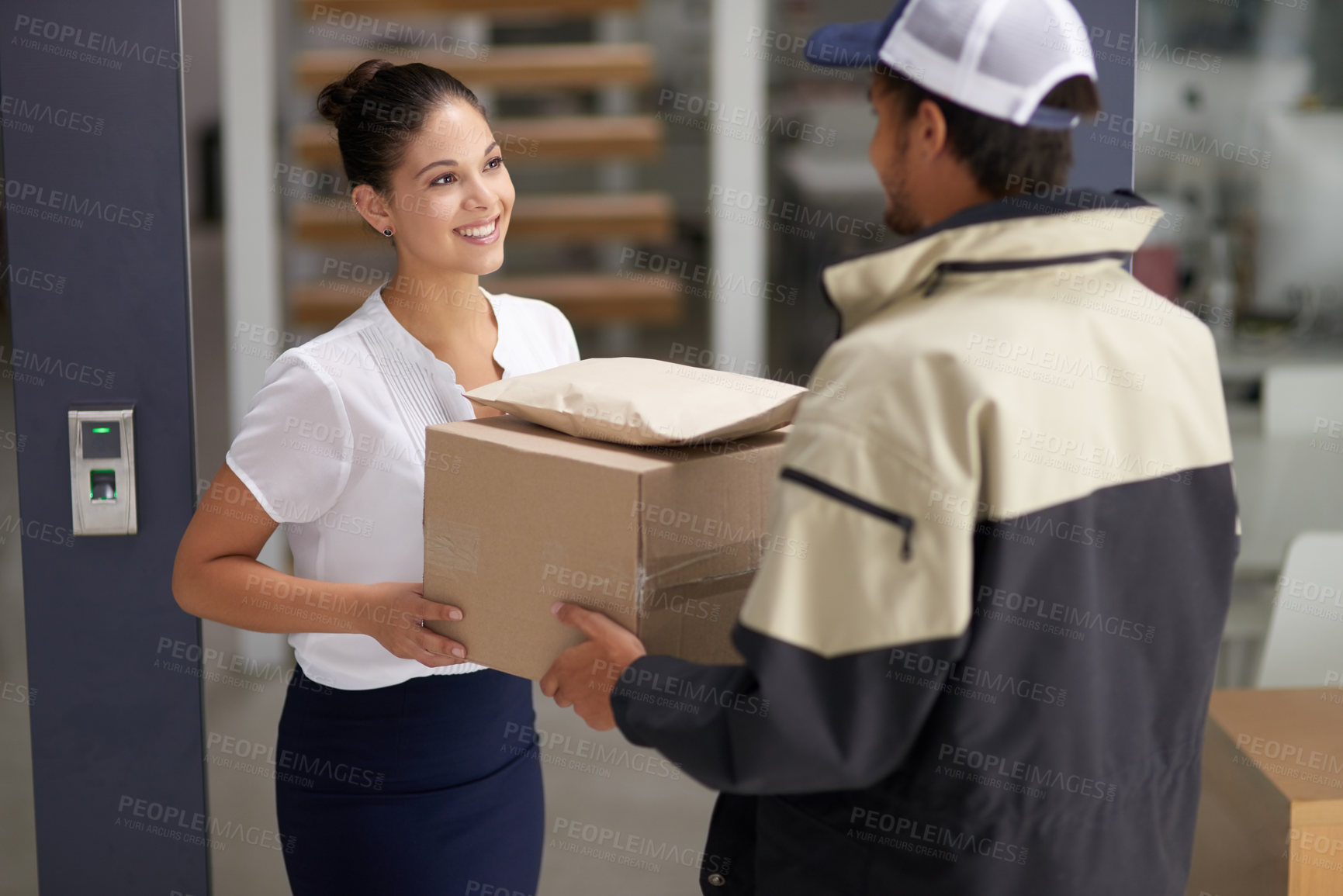 Buy stock photo Business, woman and courier with delivery, office and box with shipping, customer and supplier. Female client, male employee or happy entrepreneur with a package, parcel and distribution with service
