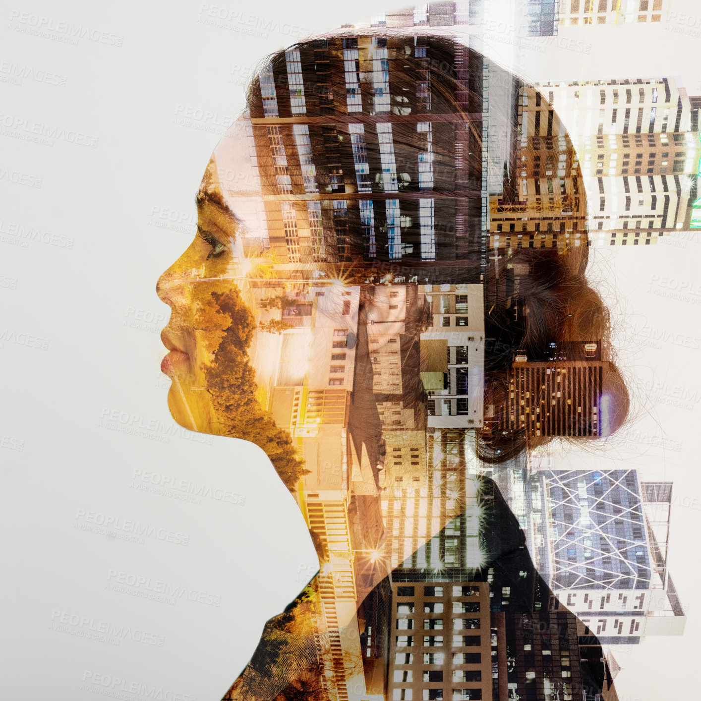 Buy stock photo Woman, profile and city for overlay of urban skyline, businessperson and corporate entrepreneur. Architecture, buildings and double exposure for inspiration, professional and cityscape for ideas