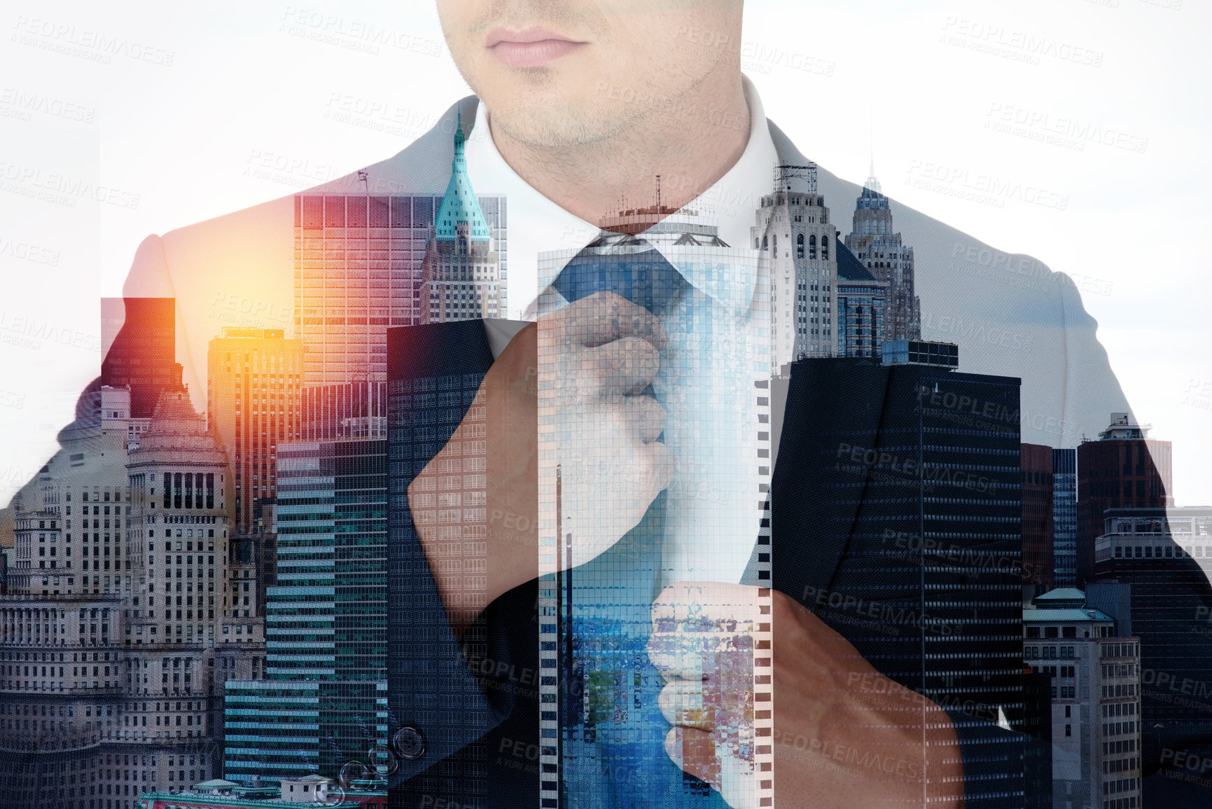 Buy stock photo Businessman, suit and city for double exposure of urban skyline, manager and corporate entrepreneur. Lawyer, buildings and overlay for city landscape, professional or cityscape for ideas or vision