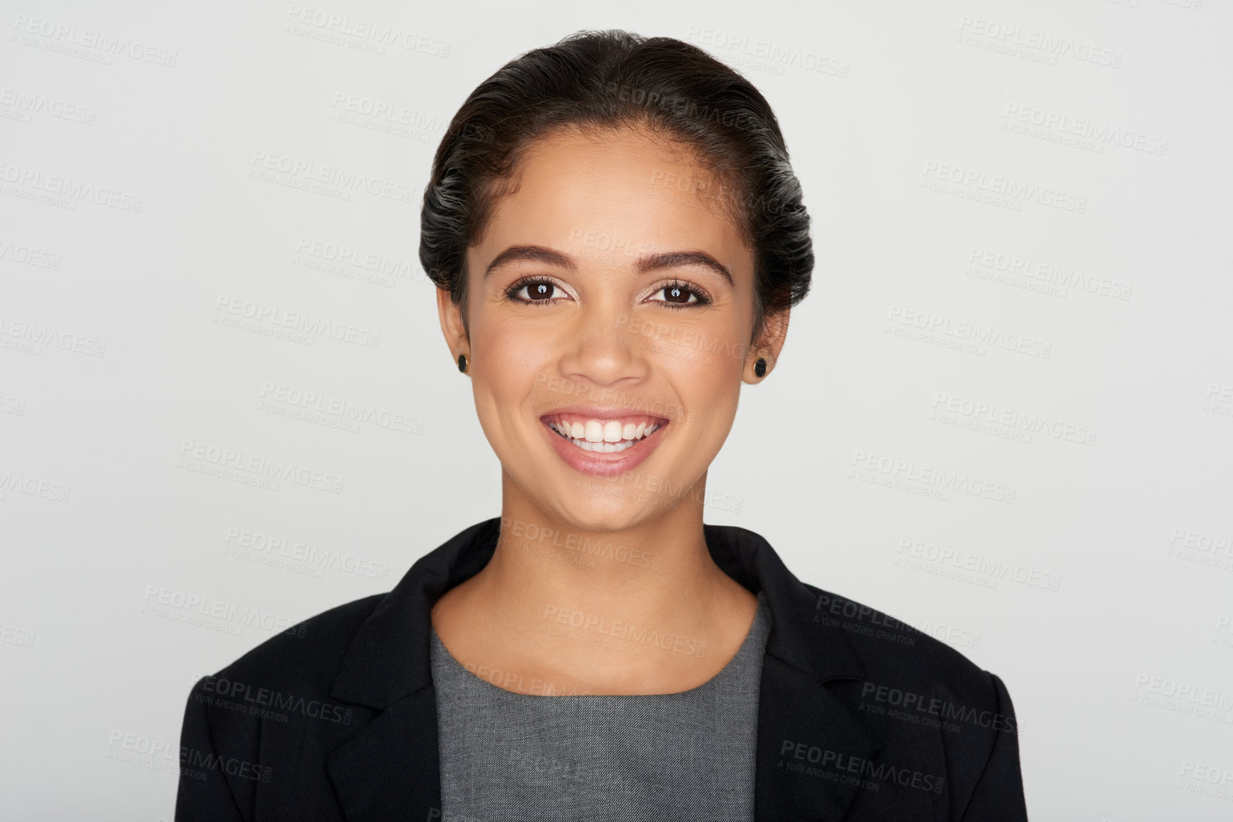 Buy stock photo Happy, lawyer and portrait of business woman in studio with company pride, confidence and professional. Corporate, legal consultant and face of person for career, work and job on white background