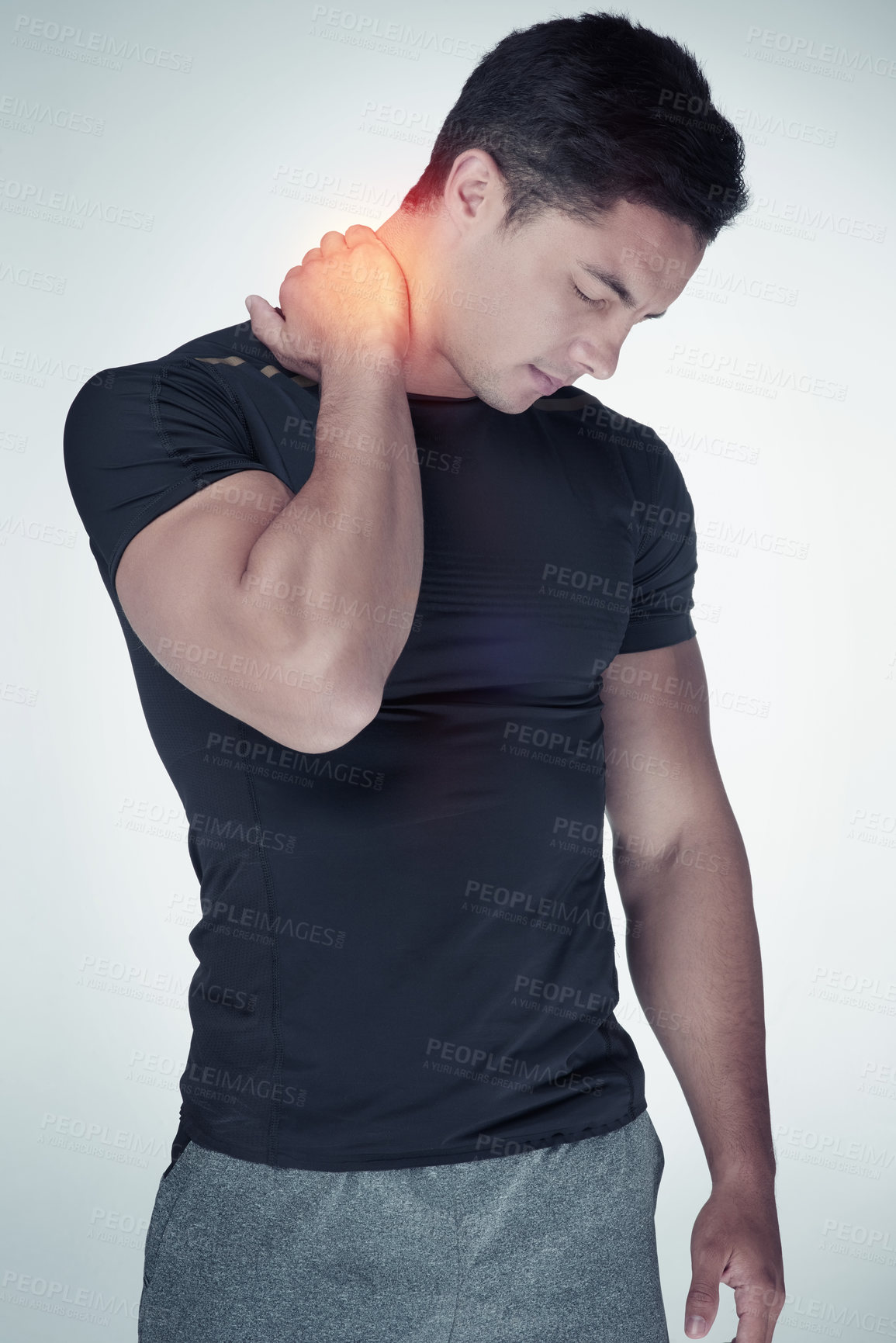 Buy stock photo Man, athlete and neck pain in studio with body injury, wellness issue and tender muscle tension for sports workout. Inflammation, exercise accident and stress for health burnout, cramps and strain