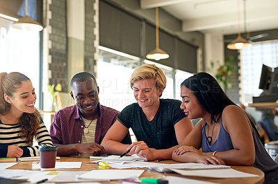 Buy stock photo Students, reading and university notes at cafe with group, education and exam study for learning. College research, restaurant and smile of young people with school project and paperwork for test