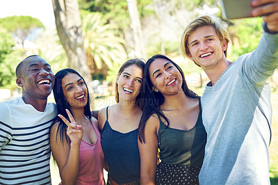 Buy stock photo Friends, group selfie and park with smile, happiness or diversity for social media post, app or blog. Men, women and students with youth, photography or profile picture for solidarity, summer or walk