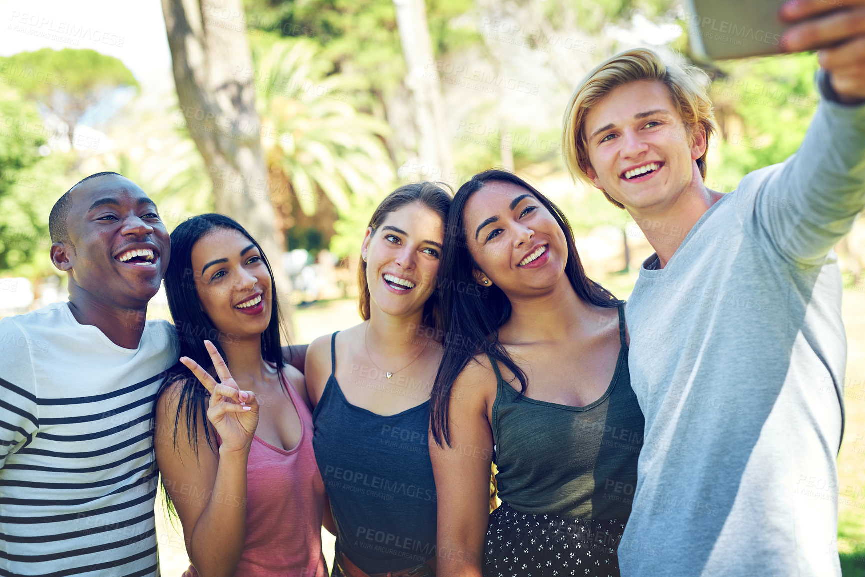 Buy stock photo Friends, group selfie and park with smile, happiness or diversity for social media post, app or blog. Men, women and students with youth, photography or profile picture for solidarity, summer or walk