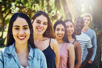 Buy stock photo Portrait, group and friends in park, sunshine or happiness with smile, bonding together or social gathering. People, diversity or men with women, nature or chilling with weekend break, playful or fun