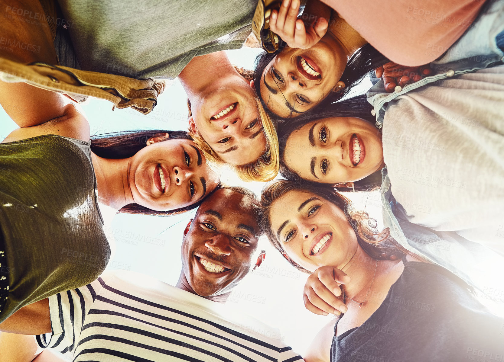 Buy stock photo Diversity, group portrait and low angle of happy friends outdoor together for support, unity or solidarity in summer. Face, people and community of students with team, trust or connection at college