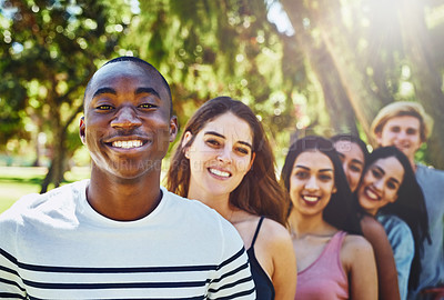 Buy stock photo Friends, row and portrait of people in park for bonding, community and relax together outdoors. Nature, happy and men and women in line for university, college diversity and studying on campus