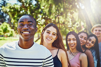 Buy stock photo Selfie, row and portrait of friends in park for bonding, community and relax together outdoors. Nature, happy and men and women in line for university, college diversity and studying on campus