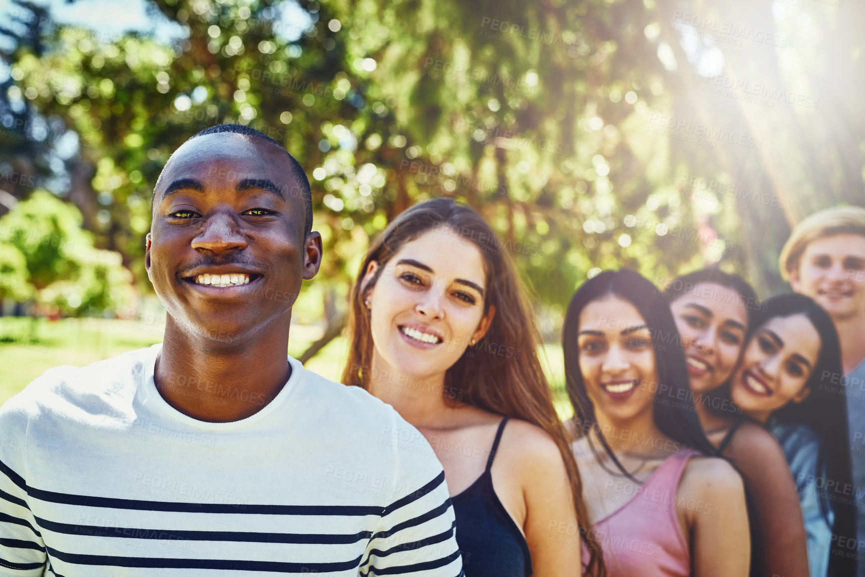 Buy stock photo Selfie, row and portrait of friends in park for bonding, community and relax together outdoors. Nature, happy and men and women in line for university, college diversity and studying on campus