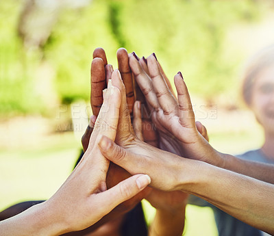 Buy stock photo Hands, friends and high five at a park for teamwork, collaboration and volunteering motivation. Hand connection, people and volunteer group outdoor for community, clean up and charity mission help