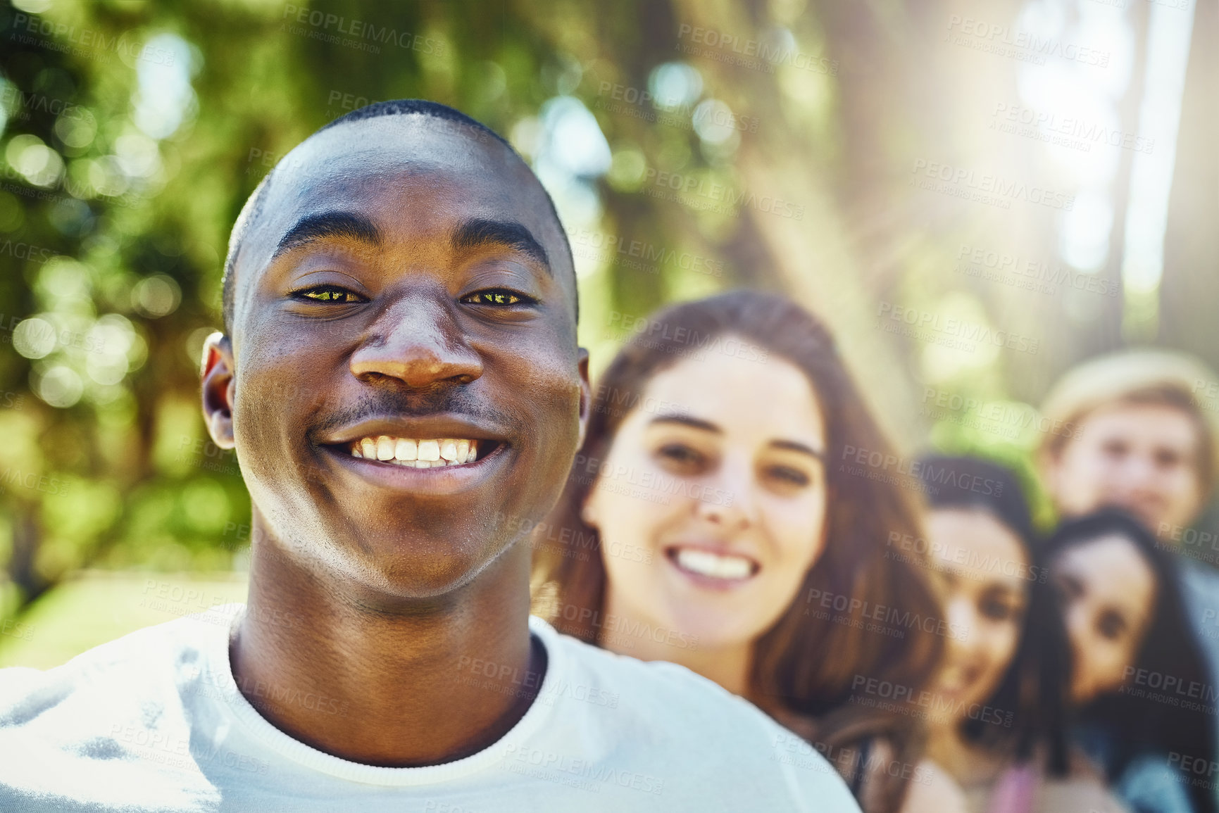 Buy stock photo Friends, selfie and portrait of people in park for bonding, community and relax together outdoors. Nature, happy and men and women take photo for university, college diversity and social media post