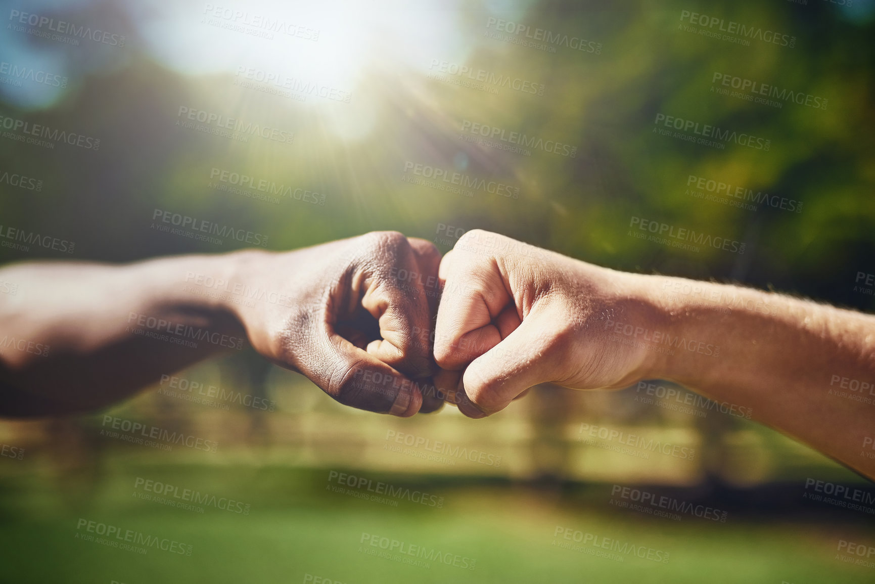 Buy stock photo Hands, fist bump and men in a park with support, solidarity and collaboration on blurred background. Hello, hand and friends greeting outdoor with thank you emoji, sign or respect gesture of unity