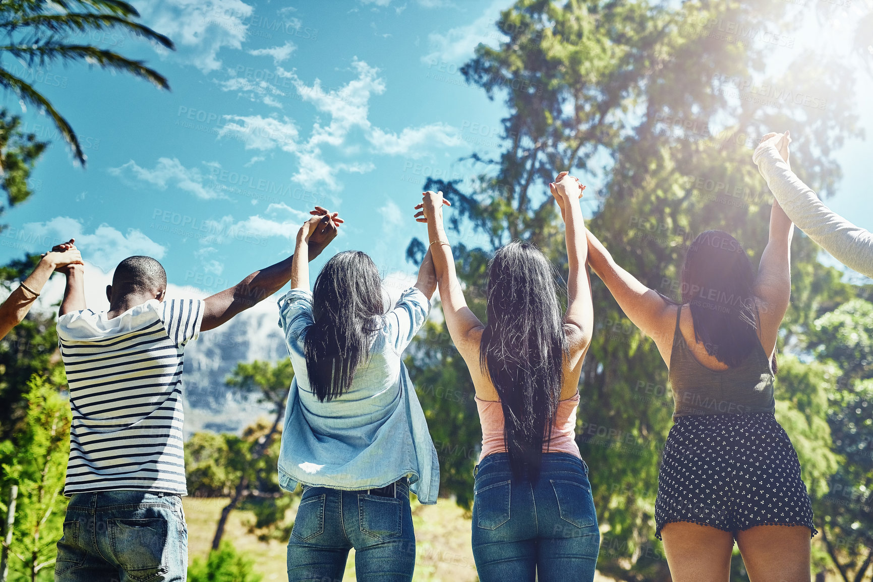 Buy stock photo Rearview shot of a group of young friends raising their hands in triumph