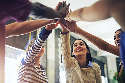 Buy stock photo Group diversity, circle and high five for friendship, teamwork and success in cafe or restaurant. Friends, students and young creatives in diner for support, brainstorm and collaboration or ideas