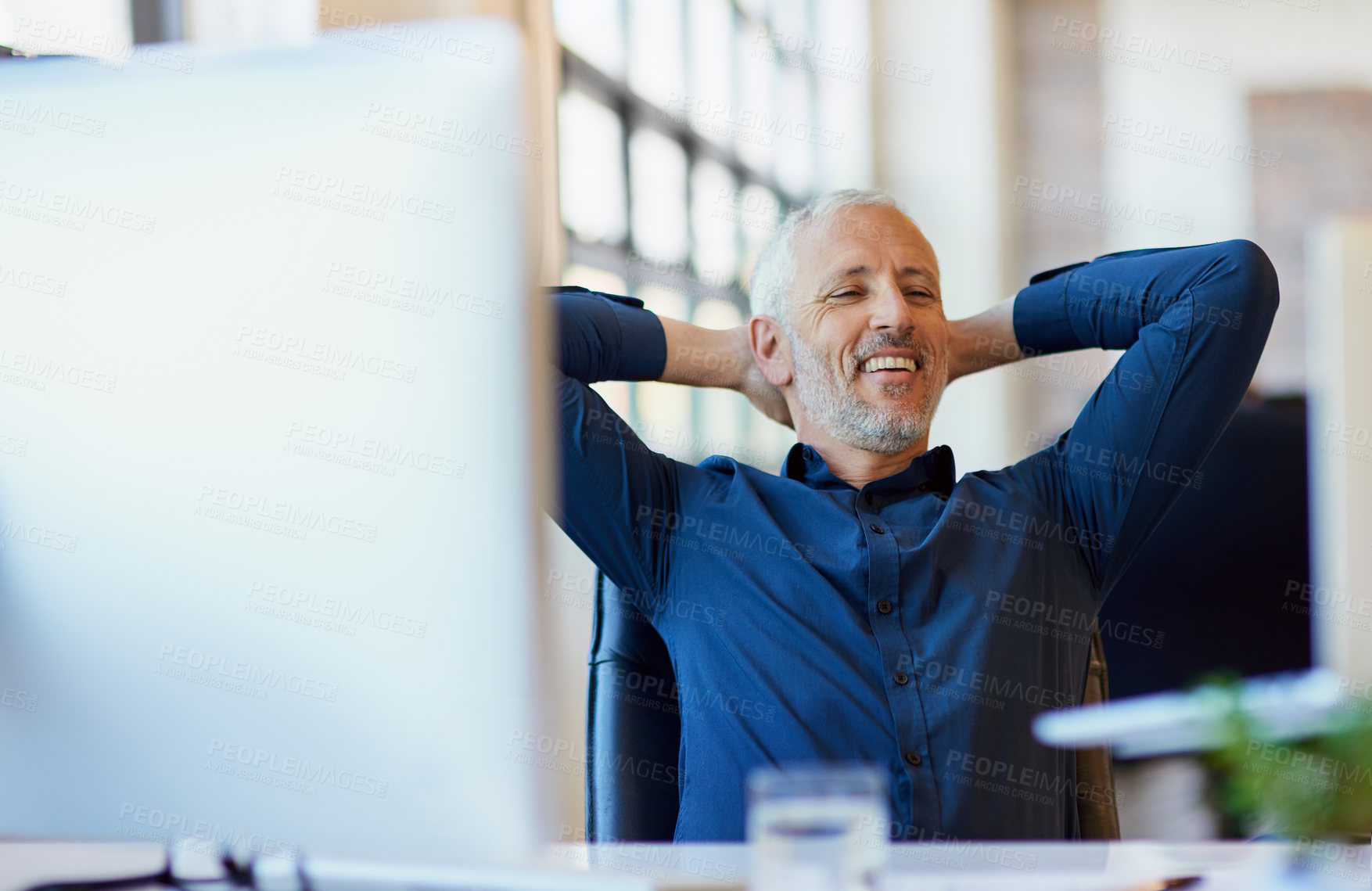 Buy stock photo Mature, businessman and relax by desk with laptop in chair for reading, comfortable and research by workspace. Professional, CEO and stretching for corporate project, productivity and happy for inspo