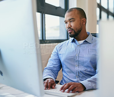 Buy stock photo Business, thinking and black man with a computer, internet and solution with problem solving, planning and ideas. African person, employee and worker with tech, laptop and brainstorming with typing