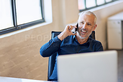 Buy stock photo Ceo, senior businessman with cellphone on call and pc or desktop in modern office. Online networking or social media, business and happy mature man on smartphone or computer in workplace