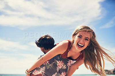 Buy stock photo Beach, woman and portrait on shoulder, holiday and carry for adventure in nature. Water, ocean or blue sky for love on honeymoon in Bahamas, vacation or travel in summer with smile for married people