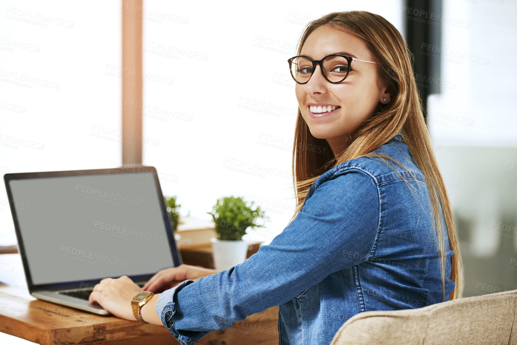 Buy stock photo Student, girl and laptop screen at college for online education, research and typing essay or assignment. Portrait of young person on computer studying, learning and planning PhD proposal with mockup