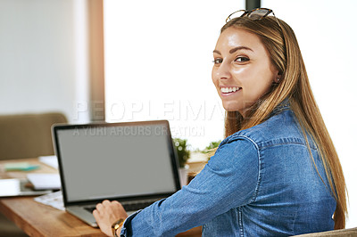 Buy stock photo Portrait of a smiling female university student working on a laptop on campus