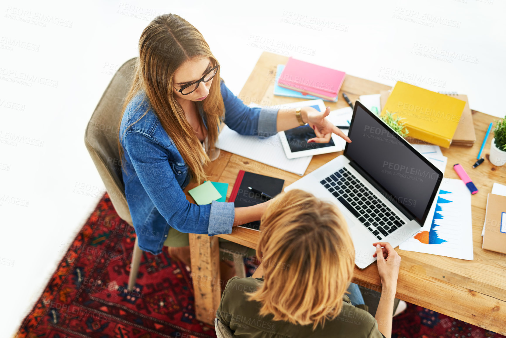 Buy stock photo University, students and friends on laptop screen above with statistics, collaboration and qualitative research. Smart girl on computer with learning, discussion and tutor advice for data analysis