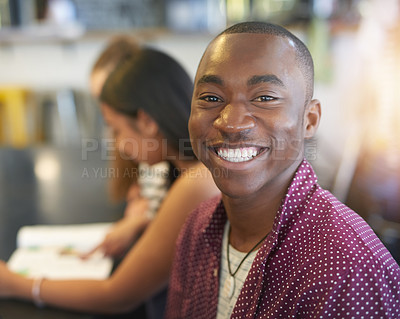 Buy stock photo Portrait, man and students in cafe, smile and coffee shop for weekend break, lunch or conversation. Teamwork, face and man with girls, cheerful or studying for university, education or chilling