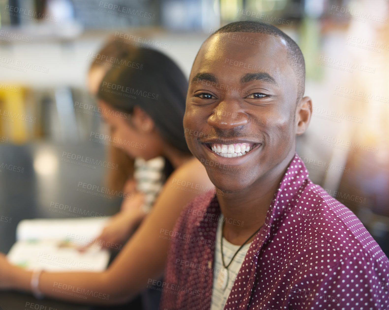 Buy stock photo Portrait, man and students in cafe, smile and coffee shop for weekend break, lunch or conversation. Teamwork, face and man with girls, cheerful or studying for university, education or chilling