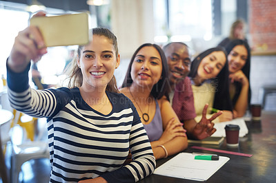 Buy stock photo Diversity group, friends and selfie in cafe for social media app with education, peace emoji and happy memory. Global students, study break and profile picture together for online blog in cafeteria