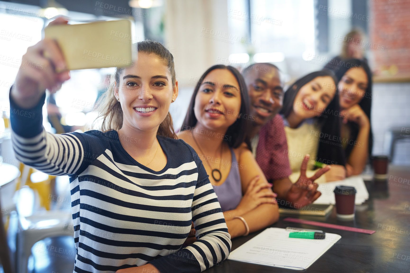 Buy stock photo Diversity group, friends and selfie in cafe for social media app with education, peace emoji and happy memory. Global students, study break and profile picture together for online blog in cafeteria