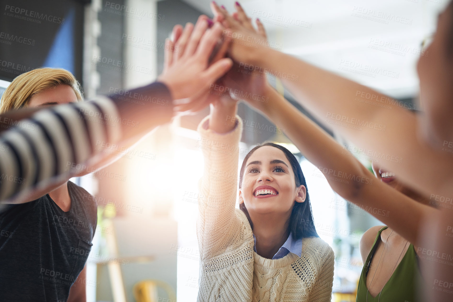 Buy stock photo High five, teamwork or happy people in startup in celebration of goal, group mission or funding success. Partnership, hands or excited designers in cafe for winning, motivation or solidarity together