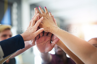 Buy stock photo Diversity group, celebration and hands with high five for collaboration, goal achievement and support in cafe. Global students, friends and palm connection for academic success and scholarship award