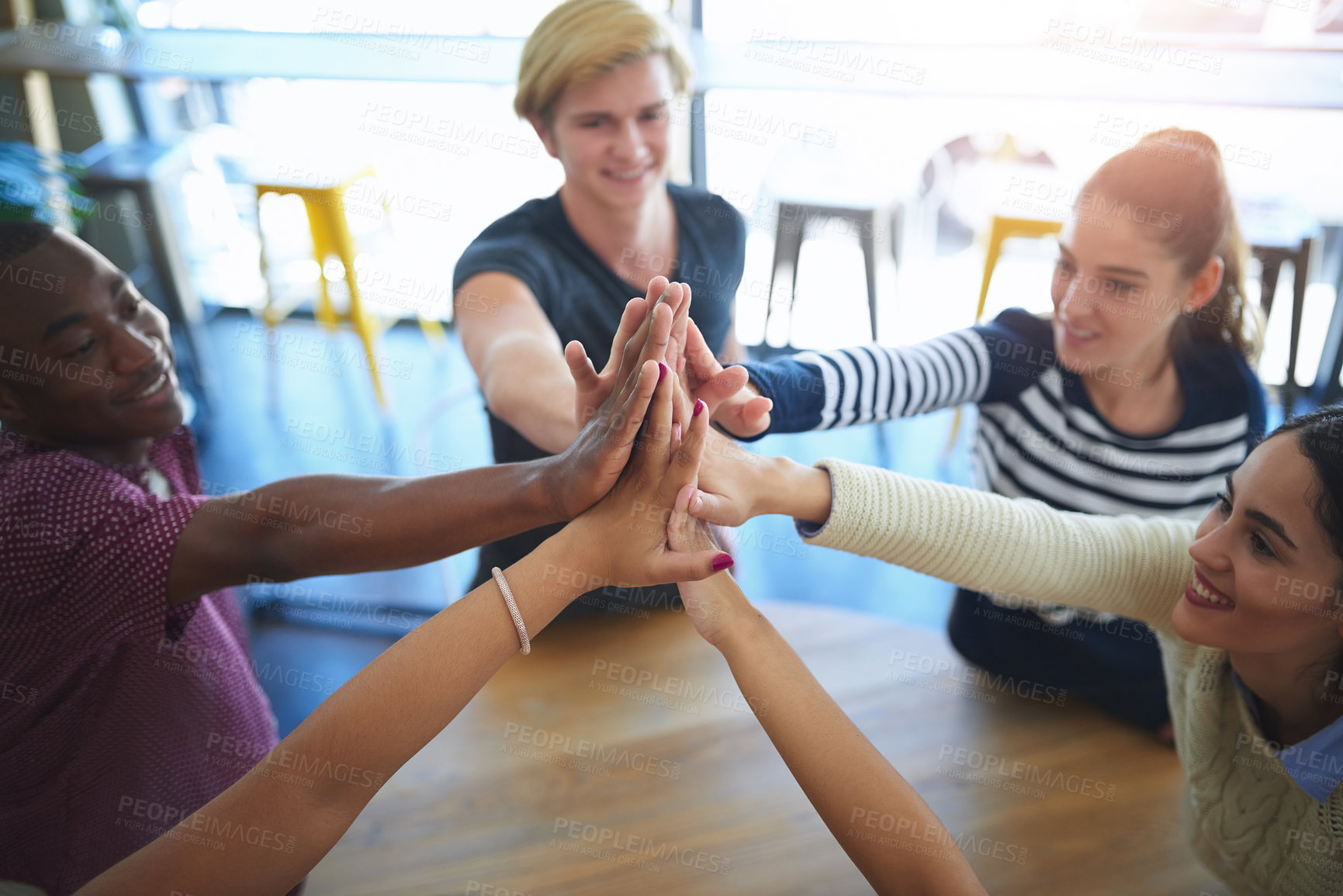 Buy stock photo Teamwork, high five and happy business people in office for collaboration, community and agreement. Startup company, diversity and men and women in celebration  for meeting, support and team building