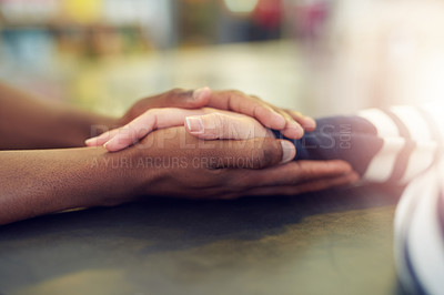 Buy stock photo Diversity, holding hands and people with trust for mental health support, empathy and prayer worship for hope. Trauma crisis, kindness and praying together with palm connection in therapy for anxiety