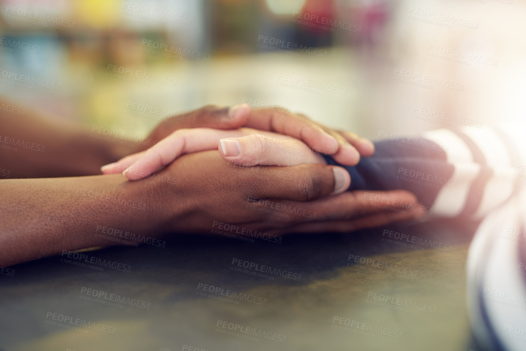 Buy stock photo Diversity, holding hands and people with trust for mental health support, empathy and prayer worship for hope. Trauma crisis, kindness and praying together with palm connection in therapy for anxiety