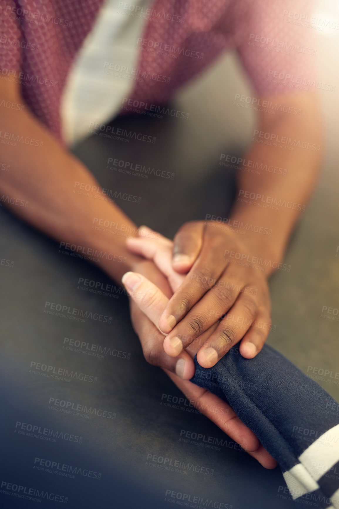 Buy stock photo Diversity, holding hands and friends with empathy for support, mental health and prayer worship for hope. Trauma crisis, psychologist and praying together with palm connection in therapy for anxiety