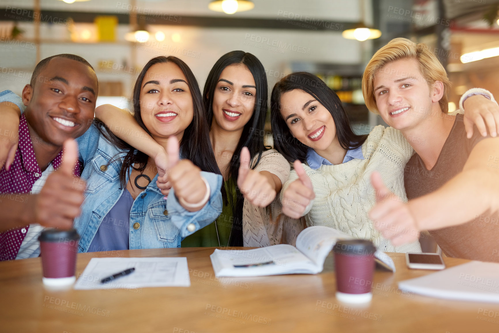 Buy stock photo Portrait, creative team and thumbs up with support, coffee shop or agreement with cooperation. Group, employees or diversity with collaboration, cafe or like with symbol, emoji or thank you with sign