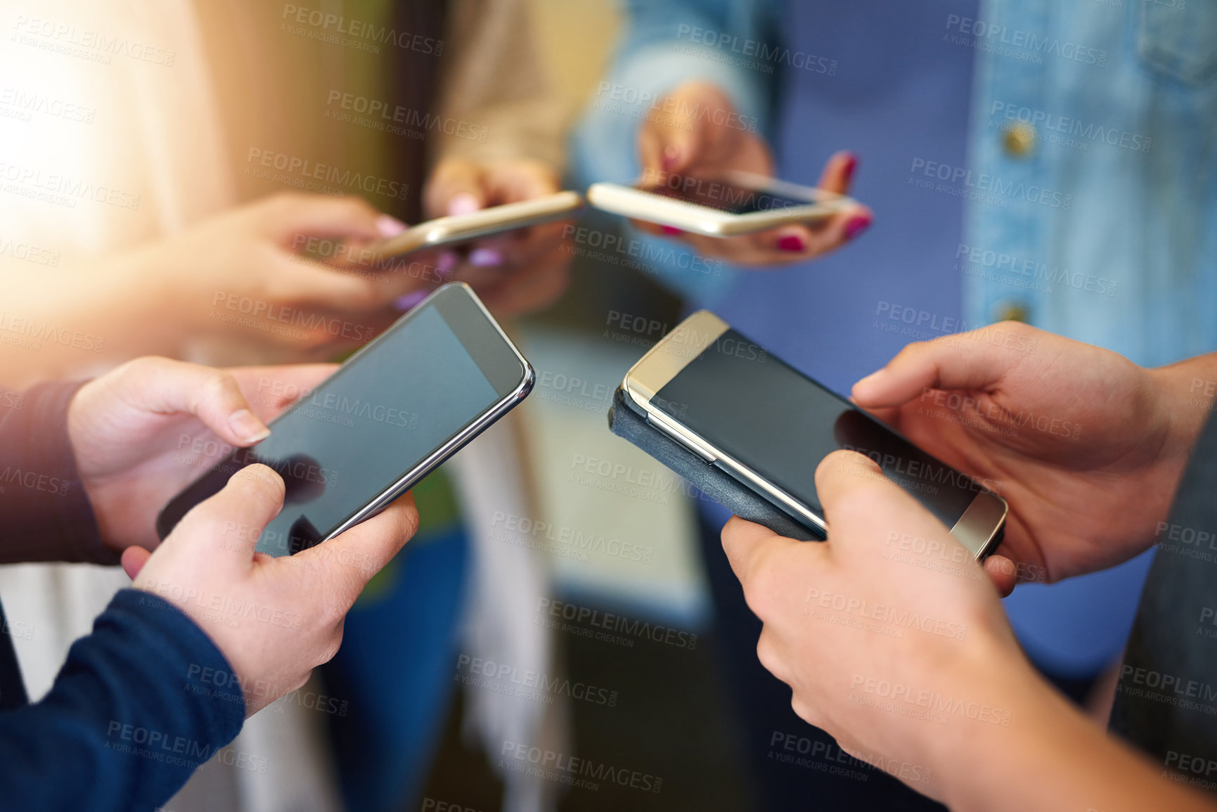 Buy stock photo Hands, circle and business people with smartphone on digital app for social media, connection and network. Group, staff or communication for technology, cellphone and employees typing for work web