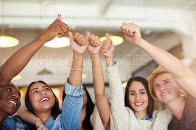 Buy stock photo Group, friends and people with thumbs up, smile and support with like, agreement and social gathering. Team, men or women with hand gesture, icon or symbol with emoji, diversity or happiness with joy