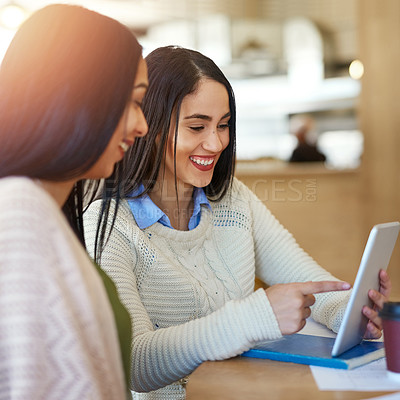 Buy stock photo Students, tablet and discussion in cafe with smile for university, elearning or teamwork for project. Friends, girls and communication for ebook for college or research, education and technology