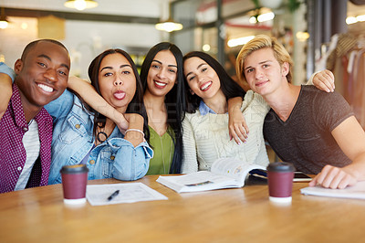 Buy stock photo Portrait, diversity or students in library studying education, knowledge or paperwork in college project. Learning, university or group of friends with teamwork in school meeting for research books