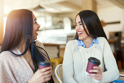 Buy stock photo Women, students and talking in cafe with coffee for study break and laugh together for comedy meme. Laughing, drink and girl friends in campus cafeteria with reunion and funny conversation for gossip