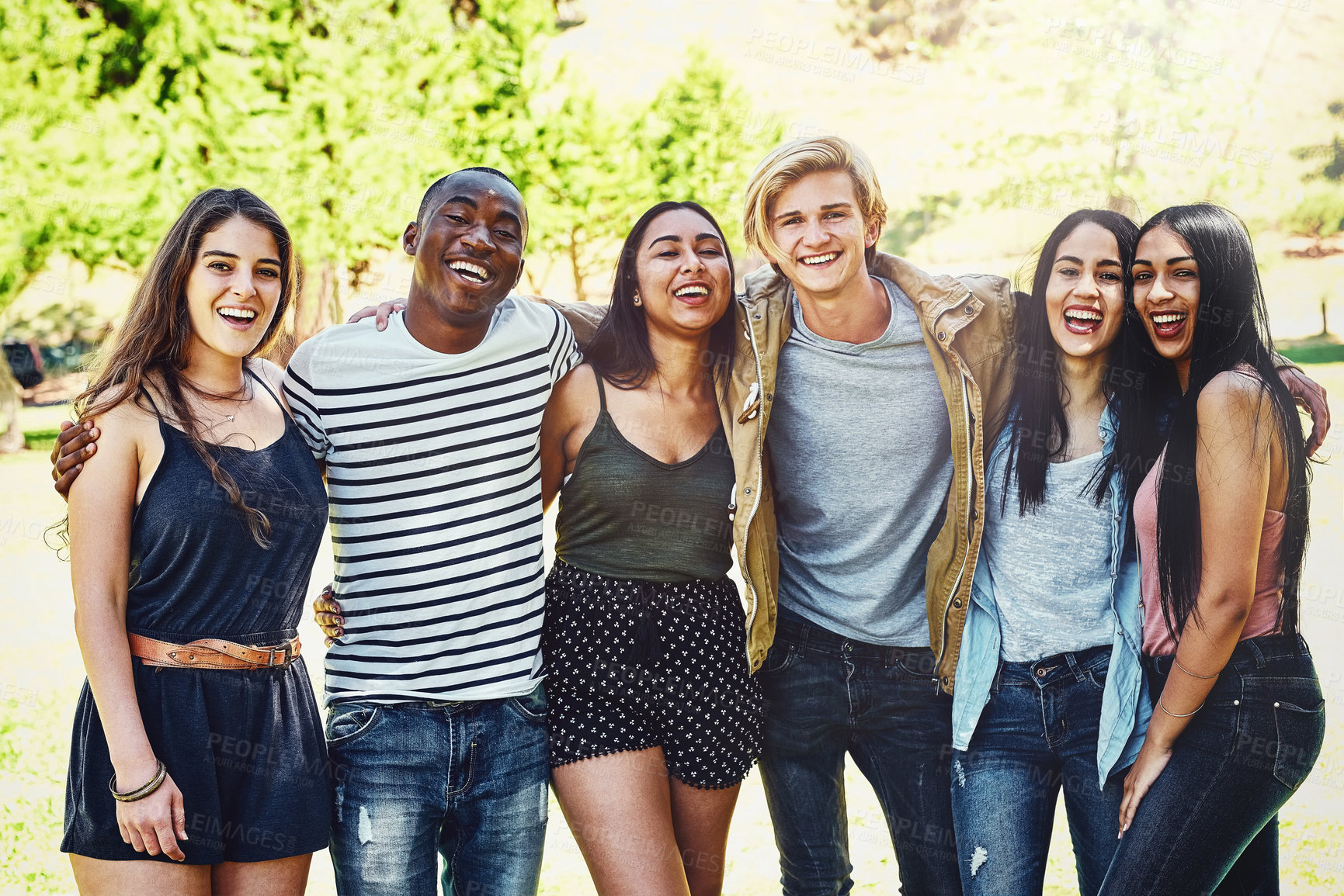 Buy stock photo Diversity, group portrait and happy friends at park together for support, care or solidarity in summer nature. Team, people and community of students outdoor for trust, laugh or connection at college