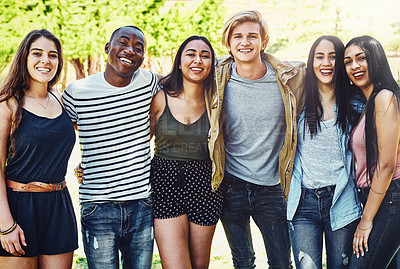 Buy stock photo Diversity, team portrait and happy friends at park together for support, care or solidarity in summer nature. Group, people and community of students outdoor for trust, laugh or connection at college