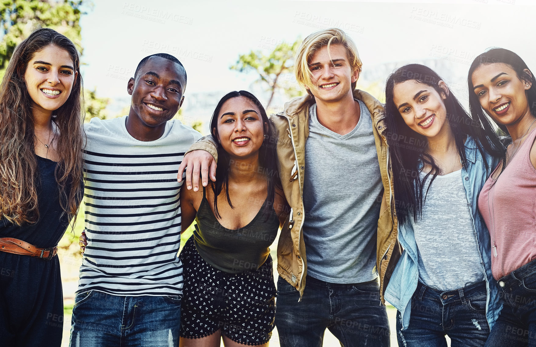 Buy stock photo Diversity, group portrait and happy friends together outdoor for support, care or solidarity in summer nature. Teamwork, people and community of students at park for trust or connection at college